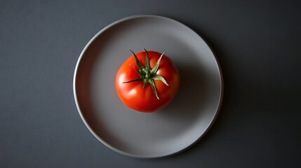 A single red tomato on a gray plate against a dark background