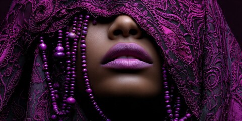 mystical portrait of oriental woman in violet tones, elegant woman in soft purple atmosphere