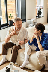 Happy couple enjoys cozy conversations at home during a sunny afternoon