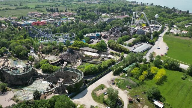 Aerial drone view of an amusement park Gardaland at Lake Garda, Italy. Amazing view of theme park Gardaland in Italy.