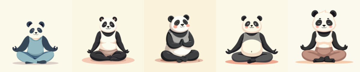 Cute Flat Vector Yoga Panda Characters in Meditation Pose – Cartoon Animal Mascots for Wellness and Zen Concept
