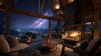 Wooden chalet interior with fireplace at night. Vector cartoon illustration of warm living room, vintage armchairs and couch near fire, wine bottle on table, mountain forest and starry sky in window