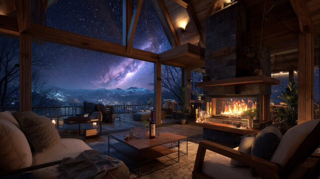Wooden chalet interior with fireplace at night. Vector cartoon illustration of warm living room, vintage armchairs and couch near fire, wine bottle on table, mountain forest and starry sky in window