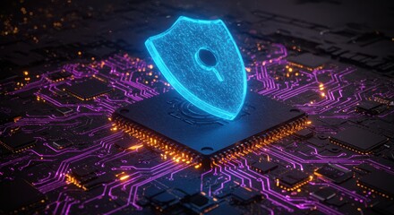Glowing shield icon over computer chip for security concept