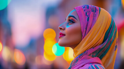 Portrait: A woman wearing hijab in a vibrant city at twilight