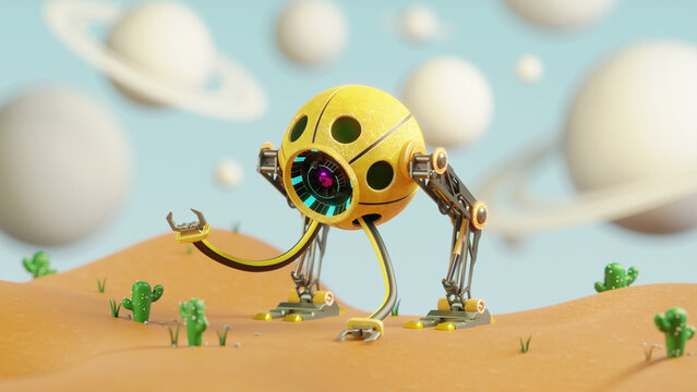 Futuristic Alien Robot in Desert Planet