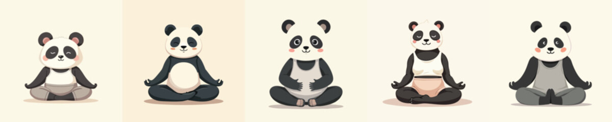 Cute Flat Vector Yoga Panda Characters in Meditation Pose – Cartoon Animal Mascots for Wellness and Zen Concept