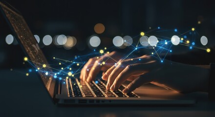 Hands typing on laptop with digital network overlay and bokeh background