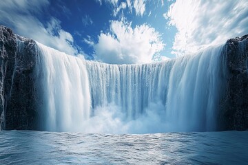 Fototapeta premium Powerful waterfall cascading from rocky cliffs under a bright blue sky