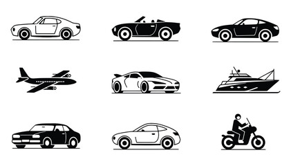 Obraz premium Transportation icons set vehicles airplane yacht motorcycle car