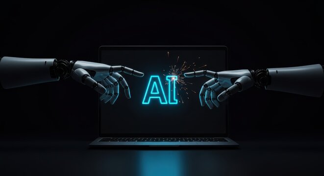 Robot hands touching over a laptop screen displaying neon ai lettering with sparks