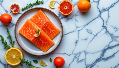 vivid flat lay of smoked salmon on a marble background, with cool oceanic hues