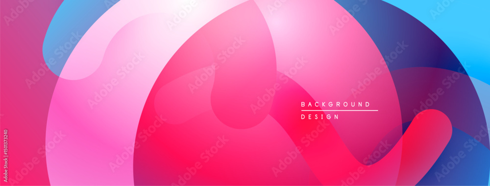 Poster abstract fluid shapes blend, creating vibrant pinks, blues, purples. modern design suggests movement