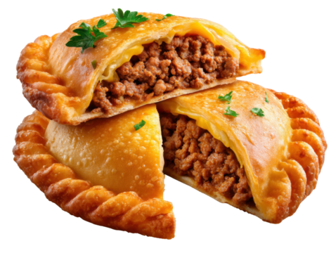 Delicious Empanadas: A tempting view of freshly baked empanadas, golden and flaky, generously filled with savory minced meat, promising a delightful culinary experience.