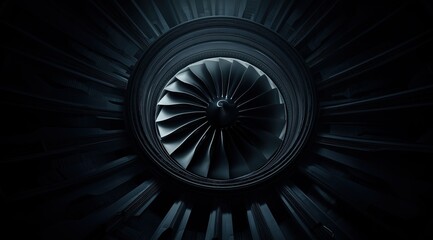 Interior of Modern Jet Engine with Dark Tones, Complex Turbine Structure, and Circular Shell. Technical Details for Aerospace Engineering and Industrial Design