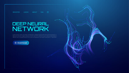 Neural network background with AI data in abstract wave lines. Tech blue science with artificial flow and digital light vector. Future graphic technology pattern in 3D concept with green energy.