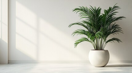 Minimalist plant styling concept with a single tall decorative plant in white space  