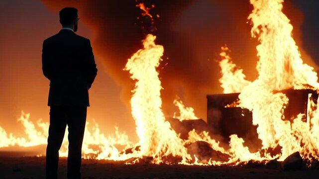 Silhouette of a figure in formal attire observing an intense fire engulfing a structure