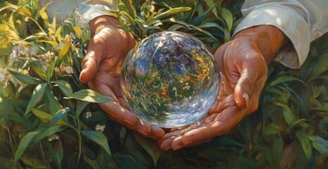 Hands holding a crystal sphere, reflecting a garden scene. Lush green foliage surrounds the hands.  Detailed portrayal of light and shadow