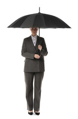 Young woman with black umbrella on white background