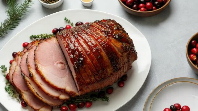 Glazed holiday ham with cranberries on white plate, festive meal setting