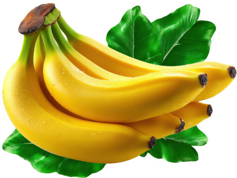 Bounch of Yellow Bananas: A vibrant bunch of ripe yellow bananas, showcasing their naturally smooth texture and appealing color, presented alongside fresh green leaves.