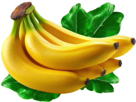 Bounch of Yellow Bananas: A vibrant bunch of ripe yellow bananas, showcasing their naturally smooth texture and appealing color, presented alongside fresh green leaves.
