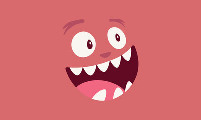 Funny cartoon monster face background. Happy pink creature with big eyes. Cute goofy expression.