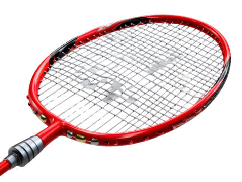 Red Badminton Racket: A detailed shot of a red badminton racket, its intricate mesh net and vibrant design ready for a competitive game. 