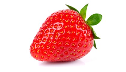 Ultra-high resolution close-up of a ripe strawberry with water droplets, isolated on pure white background. Sharp focus on glistening texture and seeds, vibrant red color contrast, studio lighting.
