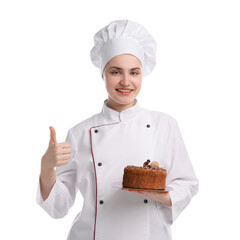 Happy confectioner in uniform holding delicious chocolate cake and showing thumbs up on white...