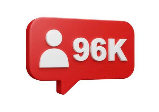 Red speech bubble icon showing 96k followers isolated on transparent background