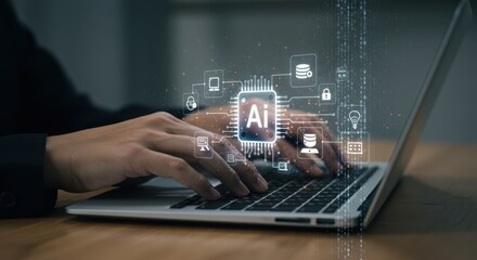 Person typing on laptop with artificial intelligence and digital icons overlayed