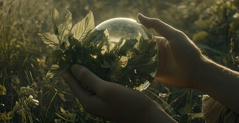 Hands hold a glass sphere filled with foliage in a field. Sunlight illuminates the scene