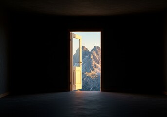 Photo of Open Doorway Leading to Mountain Landscape with Golden Sunlight View