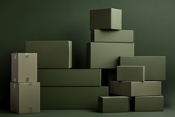 Obraz premium Stacked cardboard boxes in various sizes arranged in a staggered formation against a dark green background