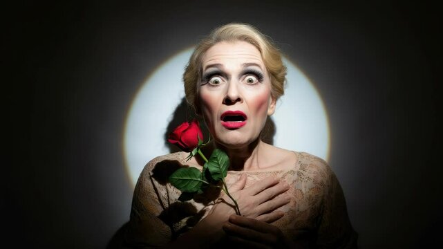 Surprised woman holding rose, illuminated by spotlight