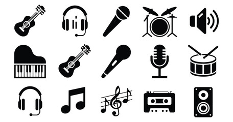 Music icons set musical instruments sound equipment