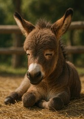 Adorable donkey resting peacefully.