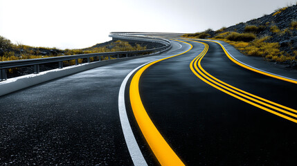 Fototapeta premium 3D road highway curve with black asphalt surface and yellow edges. White dividing line runs through center of realistic winding path. Minimalist racing track design for infographic elements.