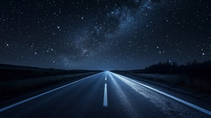 Starry night road stretches into the unknown. Possible use Stock photo for travel, adventure, or inspirational themes