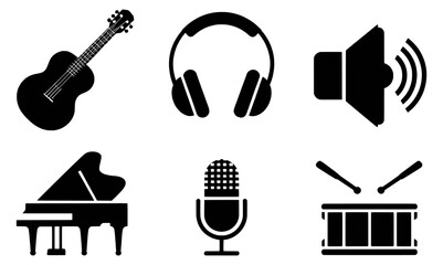 Music icons set guitar headphones speaker piano drums microphone