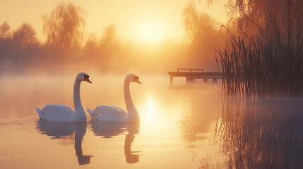 Fototapeta premium A pair of swans gliding gracefully across a calm lake with sunset in the background
