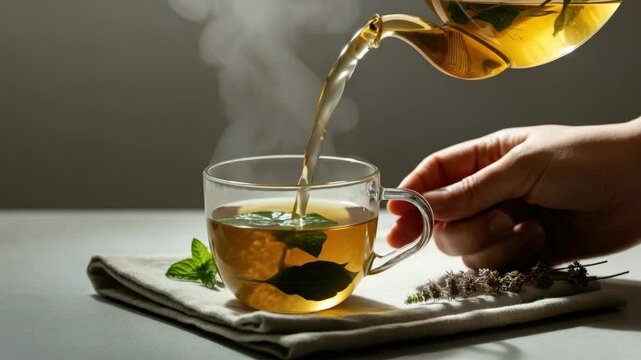 Steaming herbal tea being poured into clear glass mug