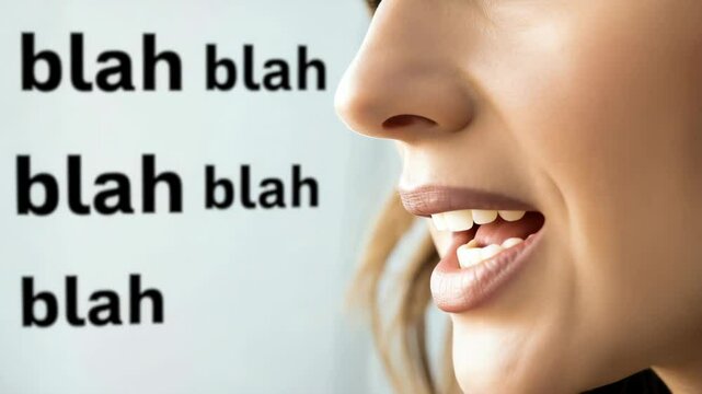 Close-up of woman talking with "blah blah blah" text in background