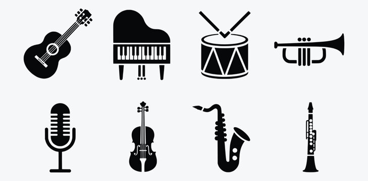 Musical instruments icons set black silhouettes collection