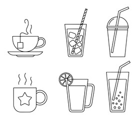 Line art illustrations of various hot and cold beverages tea coffee juice soda
