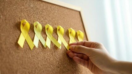 Hand pinning yellow ribbons on corkboard for cancer awareness