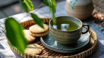 A cup of green tea with cookies on a rustic tray.  Relaxing afternoon tea break concept.
