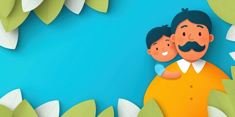 Vector Illustration of Happy Father and Son in Paper Cut Art Style on Blue Background with White Leaf Frame. Cartoon Character Design Template for Presentations, Packaging, Posters, and Advertisements